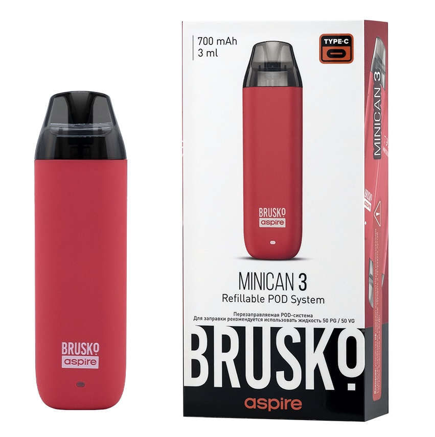 Перезаправляемая Под-Система Бруско Миникан 3 (Brusko Minican 3) 700 mah, Светло Красный